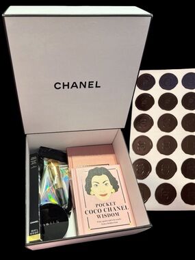 CHANEL gift set - 2 books, full size brown pencil, stickers, box, brush & maely